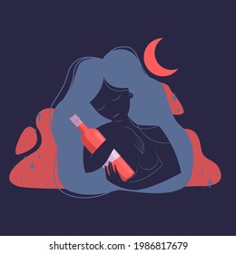 Vector illustration, woman with a bottle of wine, alcohol, drink, Portrait, advertisement, banner, icon, print, sticker