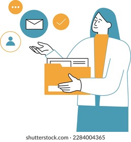 Vector illustration of a woman with a box of documents and an envelope.