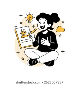 Vector illustration of a woman brainstorming AI ideas while drawing a robot icon on paper. Features light bulb, cloud, and flat cartoon elements with clean, modern design.