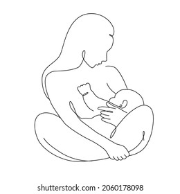 Vector illustration of woman breastfeeding her newborn baby holding in hands in one line art. Mother and baby together in lineart style