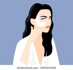 Vector illustration of a woman with brunette hair who puts a mask on her face. She is wearing a white robe. Applies various skin care products, face cream, toner bottle, serum pipette, tonneur