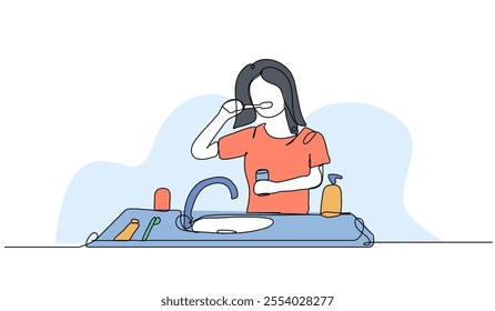 Vector illustration of a woman brushing her teeth in the sink. Modern flat in continuous line style.