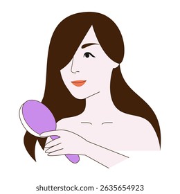Vector illustration of woman brushing long hair with mirror.