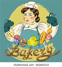 Vector illustration of woman with bundle of bagel and other pastry. Bakery concept, retro pop art comic style.
