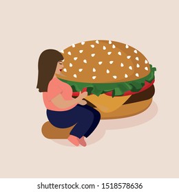Vector illustration of a woman with a Burger. Fast food. Junk food