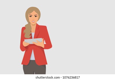 vector illustration of a woman for businesspeople, businesswoman in suit holding a tablet or folder, teacher, accountant, manager