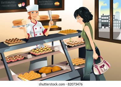 A vector illustration of a woman buying cake at a bakery store