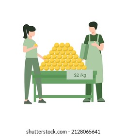 Vector Illustration of Woman buying groceries from man on market vector illustration. Modern female client buying fresh fruits and vegetables from friendly male seller while buying groceries on market