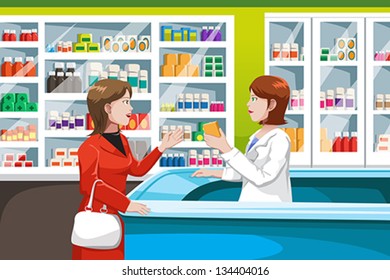 A vector illustration of woman buying medicine in a pharmacy