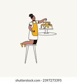Vector illustration of a woman in a cafe with a cake on a stand.