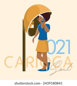 Vector illustration of a woman calling from an old public telephone in the city of Rio de Janeiro, Brazil.