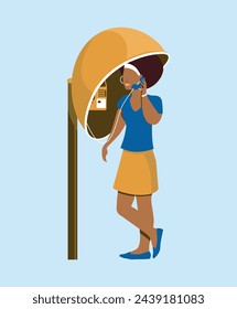 Vector illustration of a woman calling from an old public telephone in the city of Rio de Janeiro, Brazil.