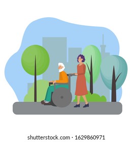 Vector illustration with a woman carer who walking with a wheelchair with an elderly man in the park in a big city. Help and care for pensioners and sick people. Carers Service