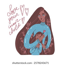Vector illustration of a woman caring for her inner child, hugs symbolizing love and positive mental health. Includes flowers symbolizing therapy and love