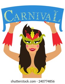 Vector illustration. Woman in carnival costume in mask