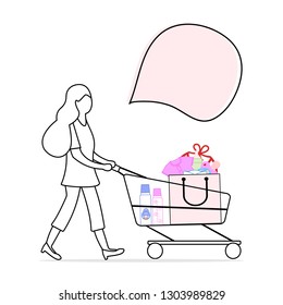 Vector illustration with woman carries a shopping cart with purchased goods from the store. Girl out shopping. Big sale and shopping concept.