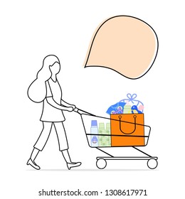 Vector illustration with woman carries a shopping cart with purchased goods from the store. Girl out shopping. Big sale and shopping concept.
