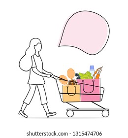 Vector illustration with woman carries a shopping cart with purchased goods from the store. Girl out shopping. Big sale and shopping concept.