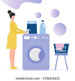 Vector illustration Woman carries wash dirty clothes Washing machine, laundry basket, laundry detergents. Washing clothes. Domestic household chores, laundromat tasks Laundry service Design for print