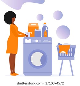 Vector illustration Woman carries wash dirty clothes Washing machine, laundry basket, laundry detergents. Washing clothes. Domestic household chores, laundromat tasks Laundry service Design for print