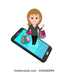 vector illustration of a woman carrying a grocery bag in both hands and emerging from the smartphone monitor screen. describe online shopping.