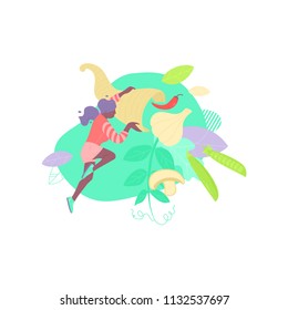 Vector illustration of a woman carrying horn of plenty with vegetables. Local farmers market and eco food concept. Background or spot design.