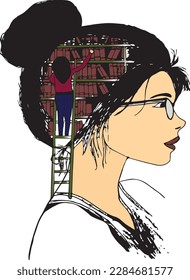 Vector illustration of a woman carrying a library on her head - books reading lover