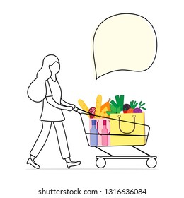 Vector illustration with woman carrying a shopping cart with food and drinks from the supermarket. Shopping concept. Design for announcement, advertisement, banner or print.