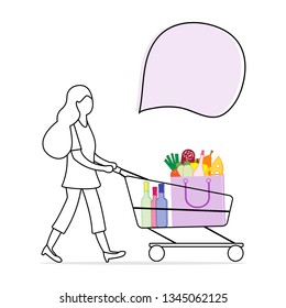 Vector illustration with woman carrying a shopping cart with food and drinks from the supermarket. Shopping concept. Design for announcement, advertisement, banner or print.