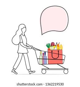 Vector illustration with woman carrying a shopping cart with food and drinks from the supermarket. Shopping concept. Design for announcement, advertisement, banner or print.