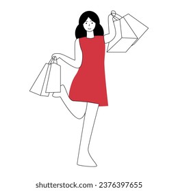 vector illustration of woman carrying shopping bags, happy shopping concept