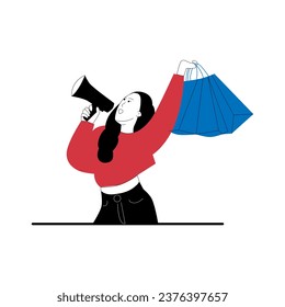 vector illustration of woman carrying shopping bags, happy shopping concept