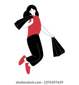vector illustration of woman carrying shopping bags, happy shopping concept