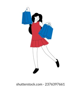 vector illustration of woman carrying shopping bags, happy shopping concept