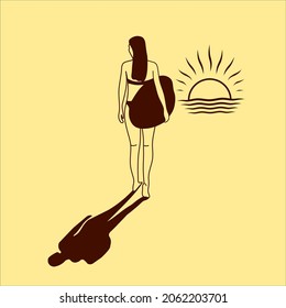 Vector illustration of woman carrying surfboard at sunset