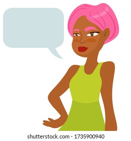 Vector illustration with a woman in cartoon flat style. female portrait. Pink hair. character. Woman with message.