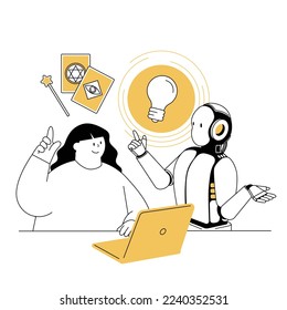 A vector illustration of a woman casting a spell and getting a hint from an AI.
