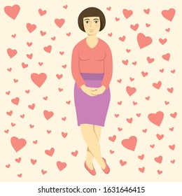 Vector Illustration Of Woman Celebrating Valentines Day. Heart Background And Cute Woman