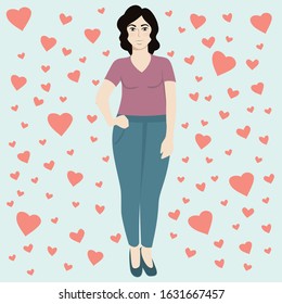 Vector Illustration Of Woman Celebrating Valentines Day. Heart Background And Cute Woman