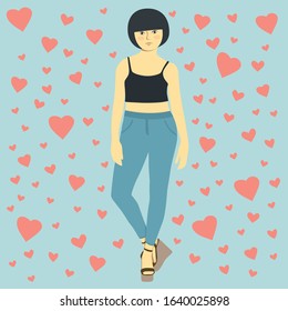 Vector Illustration Of Woman Celebrating Valentines Day. Heart Background And Cute Woman