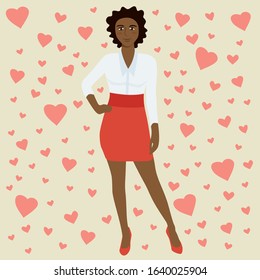 Vector Illustration Of Woman Celebrating Valentines Day. Heart Background And Cute Woman