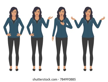  vector illustration of a woman character expressions with hands gesture, cartoon business woman in different emotions