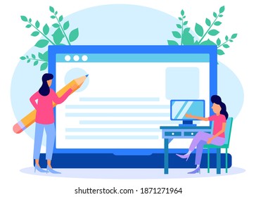 Vector illustration of woman character writing on laptop. Concept of blogging, education, creative writing, content management for web pages, banners, presentations, social media.