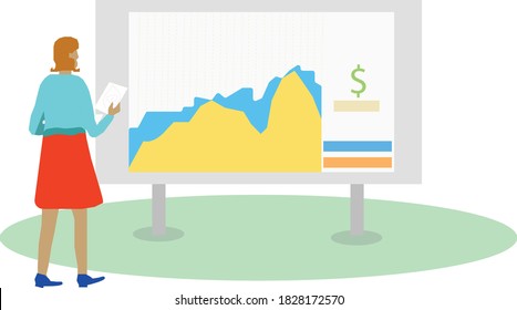 Vector illustration, Woman check information about finances.
Currency rate growth.Goal Achieved.