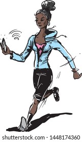 a vector illustration of a woman checking her mobile phone while running