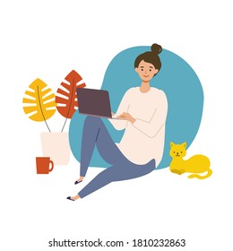 Vector Illustration Of Woman Checking The Web In The Autumn. Woman Have A Relaxing Day Off. Stay At Home Concept.