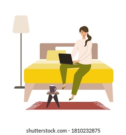 Vector illustration of woman checking the web in the autumn. Woman have a relaxing day off. Stay at home concept.