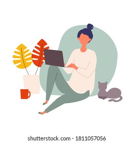 Vector Illustration Of Woman Checking The Web During Autumn. Woman Have A Relaxing Day Off. Stay At Home Concept.