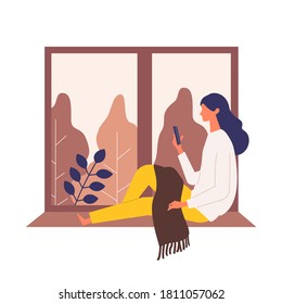 Ilustración vectorial de la mujer revisando la web durante el otoño. Las mujeres disfrutan de un relajante día libre. Manténgase en casa.