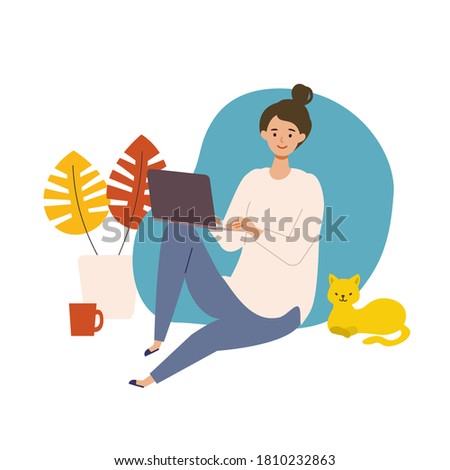 Vector illustration of woman checking the web in the autumn. Woman have a relaxing day off. Stay at home concept.